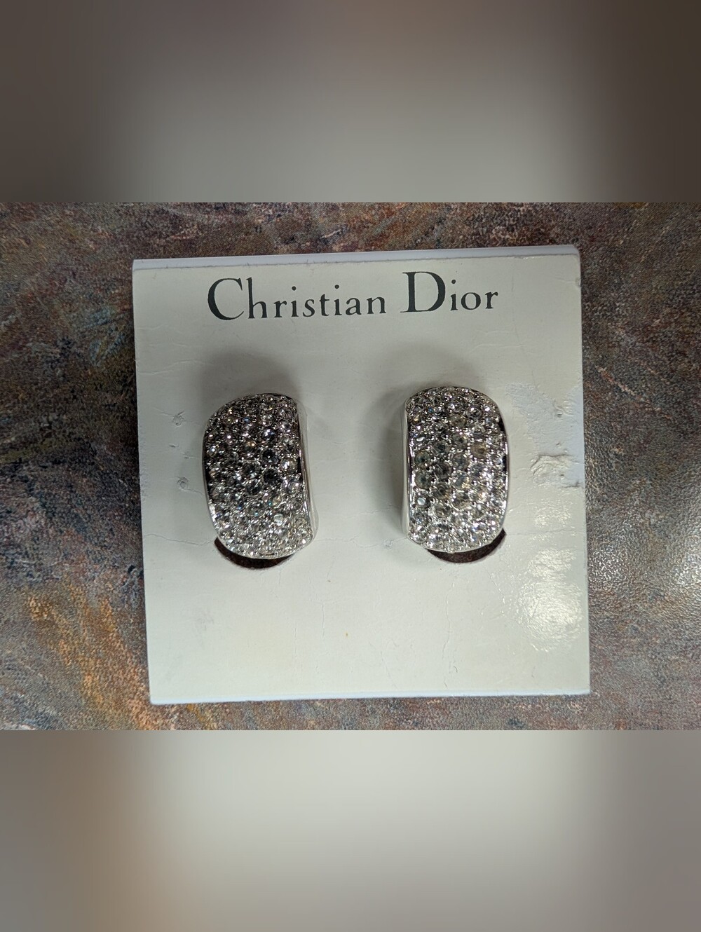 Vintage Christian Dior Crystal Pave Half Hoop Clip On Silver Toned Earrings